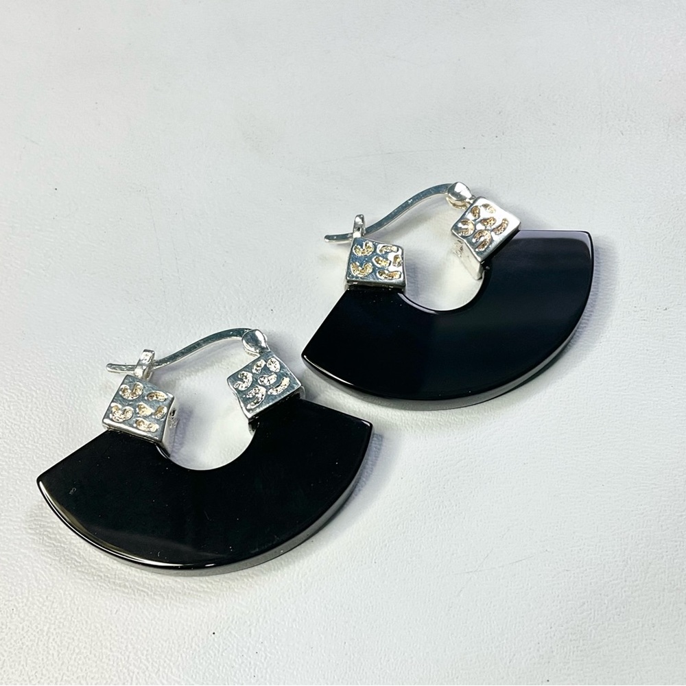 David Sigal Sterling Silver Onyx Hoop Earrings Designer Basket Drop